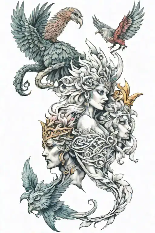 Three valkeries Eir, Sif & Freyja tattoo design idea