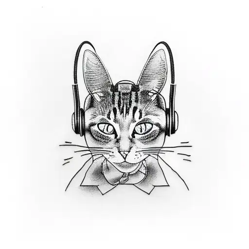 cat in headphones in space tattoo design idea