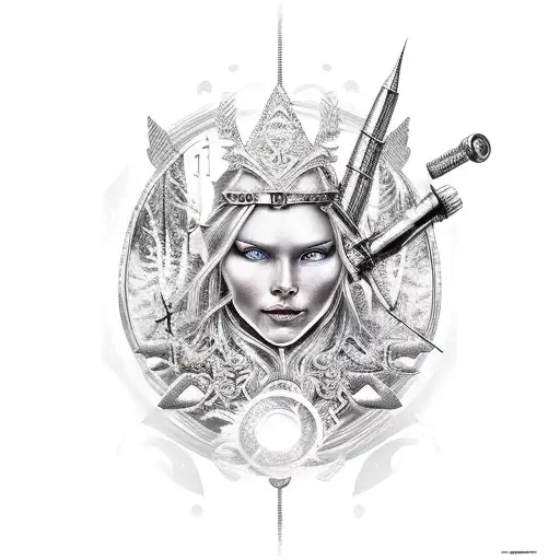 Nordic goddess of hunting with Nordic compass in background tattoo design idea