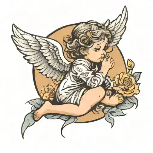 Little angel leaning on a cloud and swallows around tattoo design idea