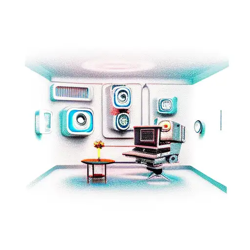 A surreal scene of a mind control room with clocks and computer screens tattoo design idea