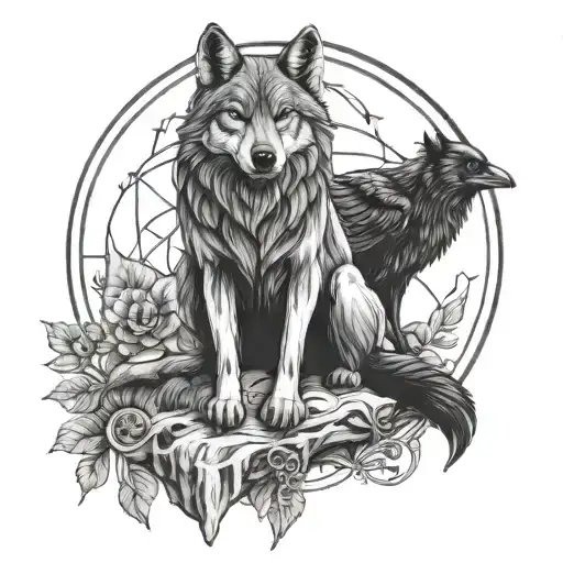 wolf and raven sitting together tattoo design idea