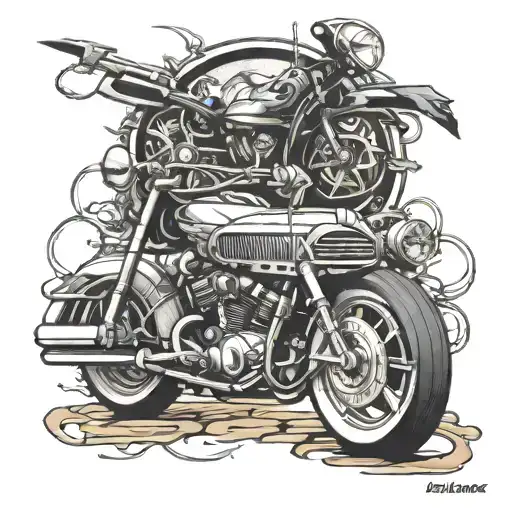 Incorporate a detailed lowrider car and a sleek motorcycle in a dynamic composition tattoo design idea