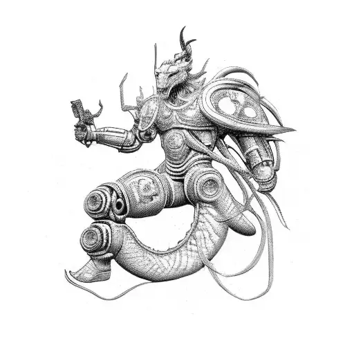 A futuristic cyborg warrior inspired by Greek mythology battling a dragon, with a pixelated gaming controller incorporated into the design tattoo design idea