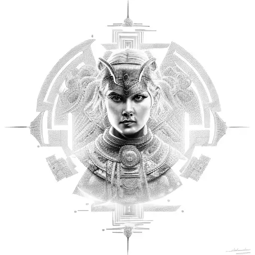 A powerful female warrior inspired by Athena, the goddess of wisdom and warfare, holding a futuristic shield with intricate circuit patterns, symbolizing strength and intellect in the modern world tattoo design idea