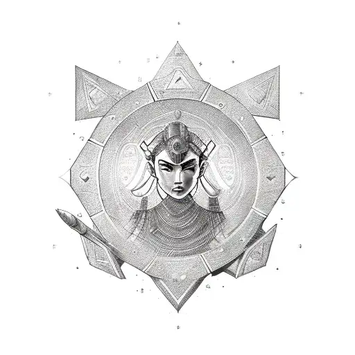 A powerful female warrior inspired by Athena, the goddess of wisdom and warfare, holding a futuristic shield with intricate circuit patterns, symbolizing strength and intellect in the modern world tattoo design idea