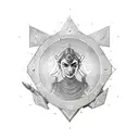 A powerful female warrior inspired by Athena, the goddess of wisdom and warfare, holding a futuristic shield with intricate circuit patterns, symbolizing strength and intellect in the modern world tattoo design idea