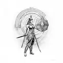 A powerful female warrior inspired by Athena, the goddess of wisdom and warfare, holding a futuristic shield with intricate circuit patterns, symbolizing strength and intellect in the modern world tattoo design idea