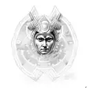 A powerful female warrior inspired by Athena, the goddess of wisdom and warfare, holding a futuristic shield with intricate circuit patterns, symbolizing strength and intellect in the modern world tattoo design idea