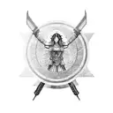 A powerful female warrior inspired by Athena, the goddess of wisdom and warfare, holding a futuristic shield with intricate circuit patterns, symbolizing strength and intellect in the modern world tattoo design idea