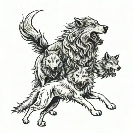 sheepdog surrounded by wolves fighting tattoo design idea