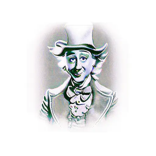 Willy Wonka, gene wilder, old-school style, with candy, phrase "Candy is dandy, but liquor is quicker” in a ribbon  tattoo design idea