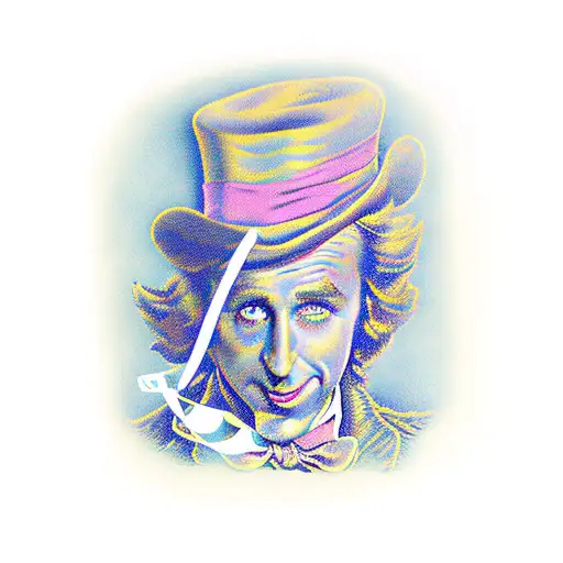 Willy Wonka, gene wilder, old-school style, with candy, phrase "Candy is dandy, but liquor is quicker” in a ribbon  tattoo design idea
