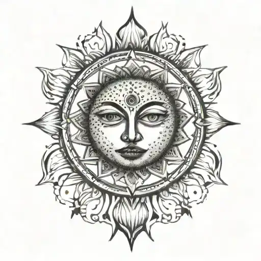 Dark sun with face  on forearm tattoo design idea