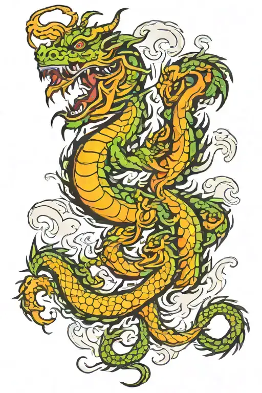 Chinese style dragon breathing fire on a sign "Invictus maneo" tattoo design idea