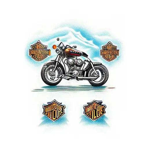 A vintage Harley Davidson parked by a rushing river tattoo design idea