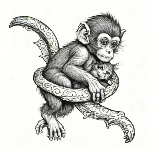 A BABY MONKEY HOLDING A KITTEN ON ITS STOMACH WHILE LAYING DOWN tattoo design idea
