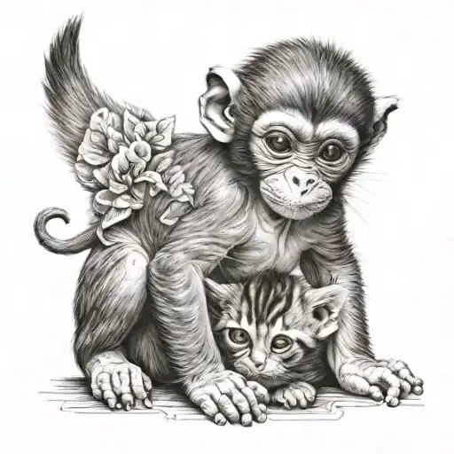 A BABY MONKEY HOLDING A KITTEN ON ITS STOMACH WHILE LAYING DOWN tattoo design idea