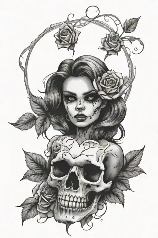 skull roses feminine pretty demon girl wearing tattoo design idea