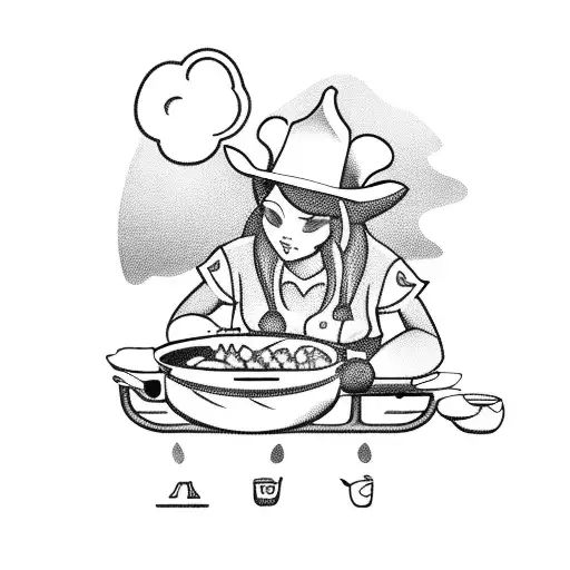 A cowgirl cooking a delicious meal over a campfire tattoo design idea
