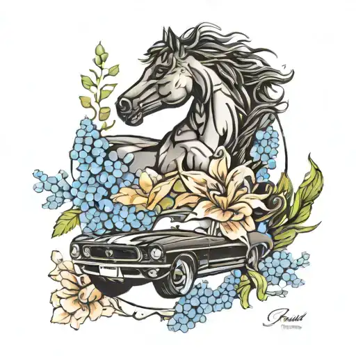 ford mustang and blackbird and forget-me-not tattoo design idea