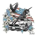 ford mustang and blackbird and vietnam veteran flag and forget-me-not tattoo design idea