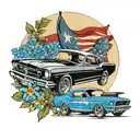 ford mustang and blackbird and vietnam veteran flag and forget-me-not tattoo design idea