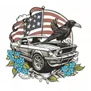ford mustang and blackbird and vietnam veteran flag and forget-me-not tattoo design idea