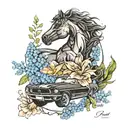 ford mustang and blackbird and forget-me-not tattoo design idea