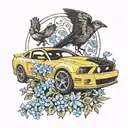 ford mustang and blackbird and forget-me-not tattoo design idea