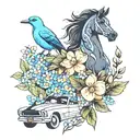 ford mustang and blackbird and forget-me-not tattoo design idea