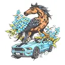 ford mustang and blackbird and forget-me-not tattoo design idea