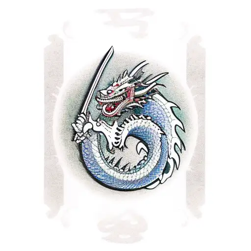 A traditional Japanese-style dragon wrapped around a katana, with the hilt showing Zoro's iconic three swords from One Piece tattoo design idea