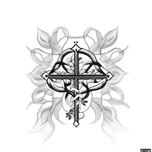 A blackwork tattoo featuring a beautifully detailed crucifix intertwined with vines of roses tattoo design idea