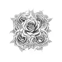 A blackwork tattoo featuring a beautifully detailed crucifix intertwined with vines of roses tattoo design idea