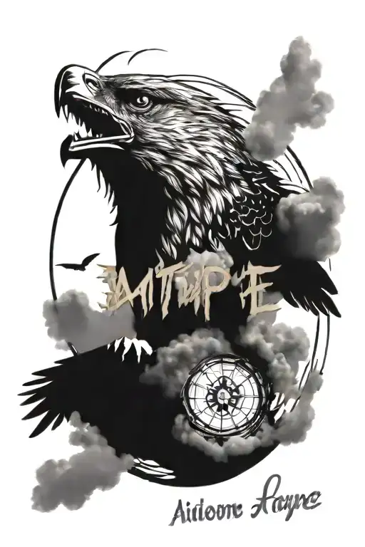 cloud on top, wolf, falcon, eagle and "Antihype" text with "A" in a circle tattoo design idea