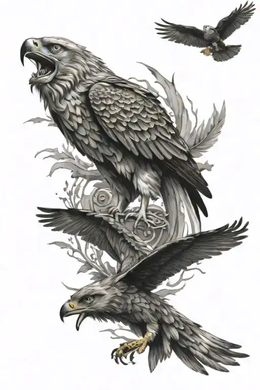 wolf, falcon bird, eagle bird and text antihype tattoo design idea