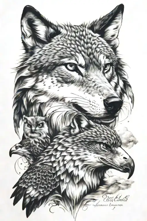 wolf, falcon and eagle and antihype inscription tattoo design idea