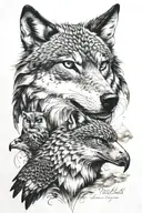 wolf, falcon and eagle and antihype inscription tattoo design idea