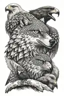 wolf, falcon and eagle and antihype inscription tattoo design idea