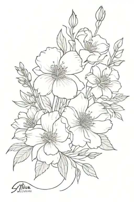 January, March and April birth flower bouquet tattoo design idea