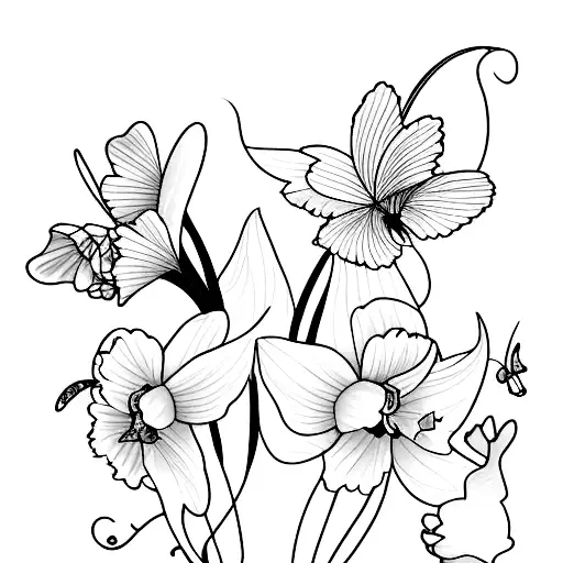 daffodils with butterflies and script incorporated tattoo design idea