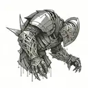 tattoo ideas, broken armour fallen defeated knight facing the camera bent over holding his head, covered in chains, dark tattoo design idea