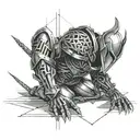 tattoo ideas, broken armour fallen defeated knight facing the camera bent over holding his head, covered in chains, dark tattoo design idea