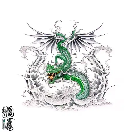 green dragon with color and a katana with lots of background detail tattoo design idea