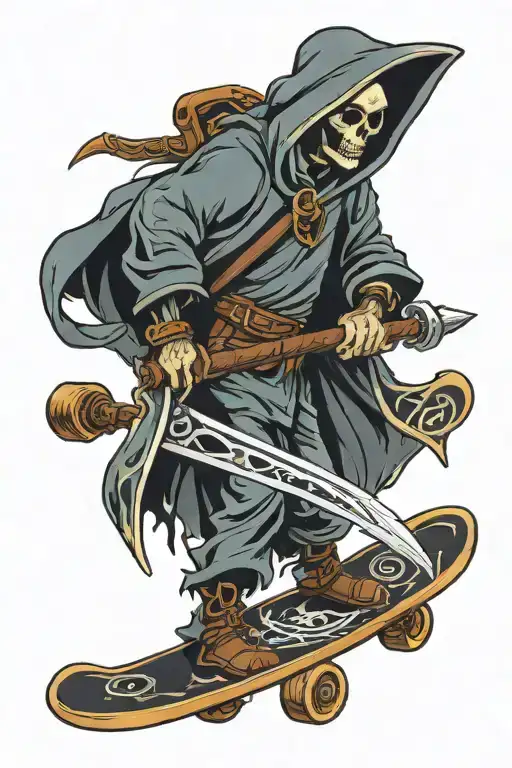 Skateboard reaper with scythe Zelda link tattoo design idea