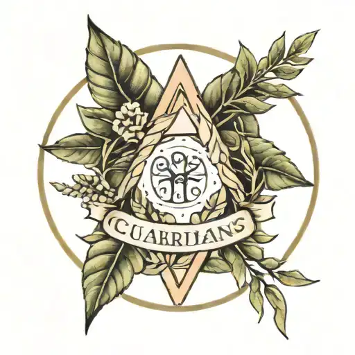two laurel leaves left and right, triangle inside a circle, ribbon with name; GUARDIANS, outside the circle; Guardians tattoo design idea