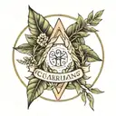 two laurel leaves left and right, triangle inside a circle, ribbon with name; GUARDIANS, outside the circle; Guardians tattoo design idea