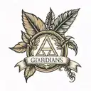 two laurel leaves left and right, triangle inside a circle, ribbon with name; GUARDIANS, outside the circle; Guardians tattoo design idea