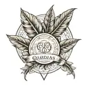 two laurel leaves left and right, triangle inside a circle, ribbon with name; GUARDIANS, outside the circle; Guardians tattoo design idea